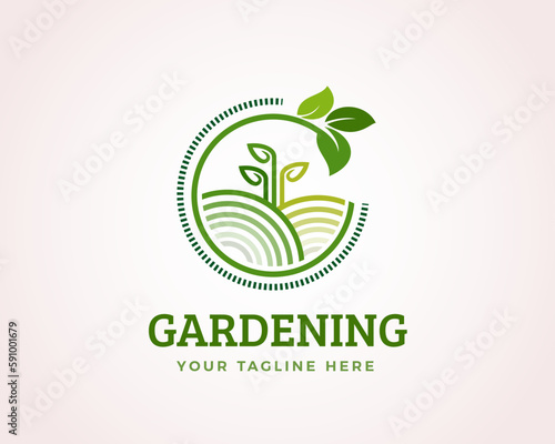 vintage line art style gardening green leaf logo design template illustration inspiration