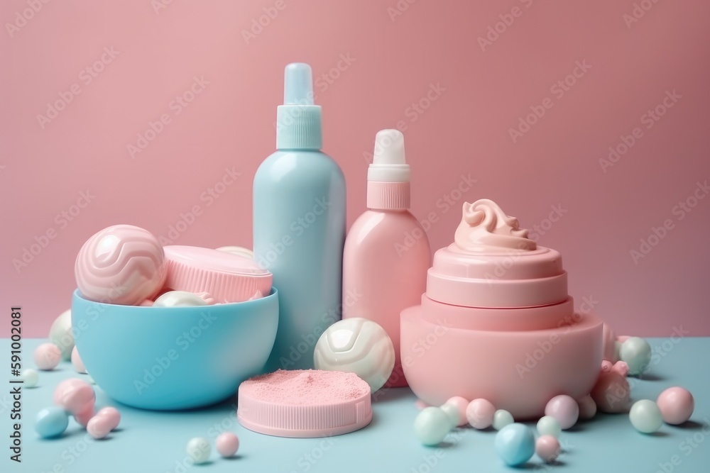 Different accessories for children and baby skin care with cute toys, product background. Generative AI Different accessories for children and baby skin care with cute toys, product background. Generative AI