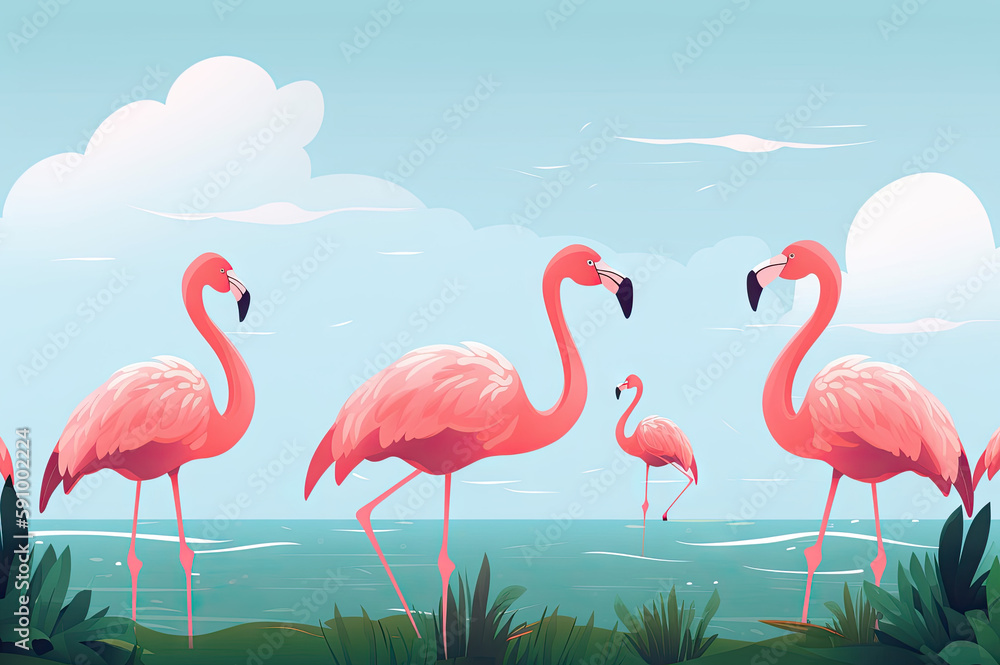 Fototapeta premium Pink flamingos in water background created with Generative AI technology