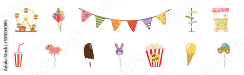 Amusement Park Elements with Balloon, Ice Cream Stall, Popcorn and Carousel Vector Set