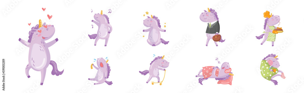 Funny Purple Unicorn Engaged in Different Activity Vector Illustration Set