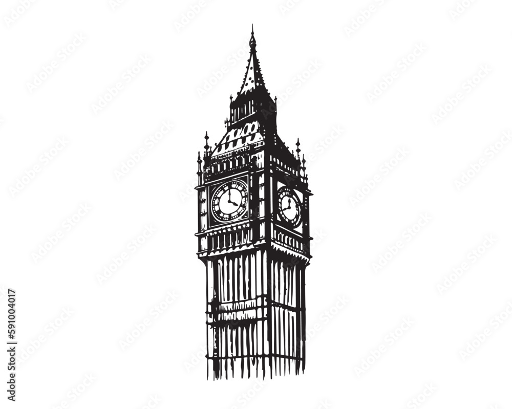Big Ben Tower of London, hand drawn illustrations, vector.