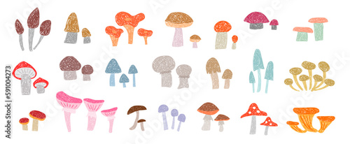 Children's drawing. Set of crowns mushrooms