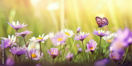 Abstract defocused spring - purple daisies and butterflies on the grass in a sunny field