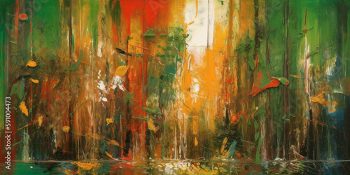  A bright and colorful image of a forest landscape. The abstract style adds a unique and modern touch. Induces a feeling of warmth and happiness. An excellent decorative element for any room.