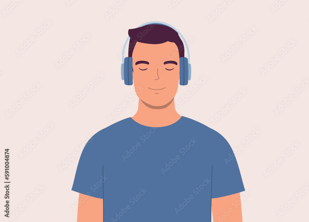 One Smiling Young Man With Wireless Headphones Enjoy Listening To His Music. Half Length. Flat Design Style, Character, Cartoon. One Smiling Young Man With Wireless Headphones Enjoy Listening To His Music. Half Length. Flat Design Style, Character, Cartoon.