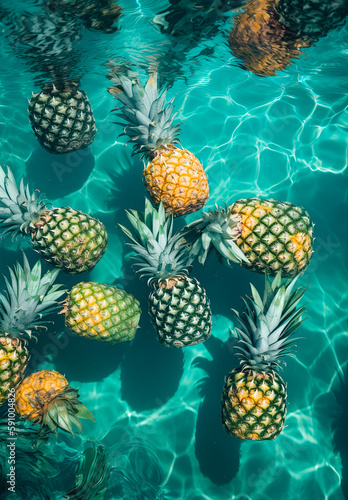 Tropical summer exotic background  bright summer colors  underwater pool background. Delicious pineapple  fruit as a real healthy refreshment. Illustration  Generative AI.