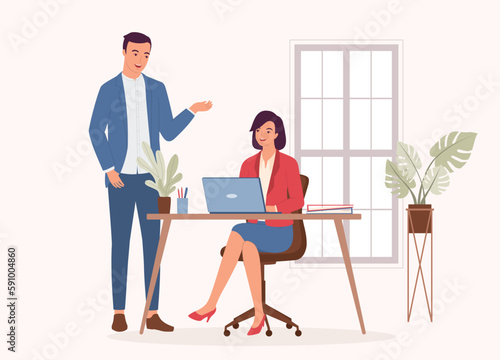 Smiling Man Manager Talking With His Employee At The Office. Full Length. Flat Design Style, Character, Cartoon.