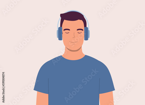 One Smiling Young Man With Wireless Headphones Enjoy Listening To His Music. Half Length. Flat Design Style, Character, Cartoon.