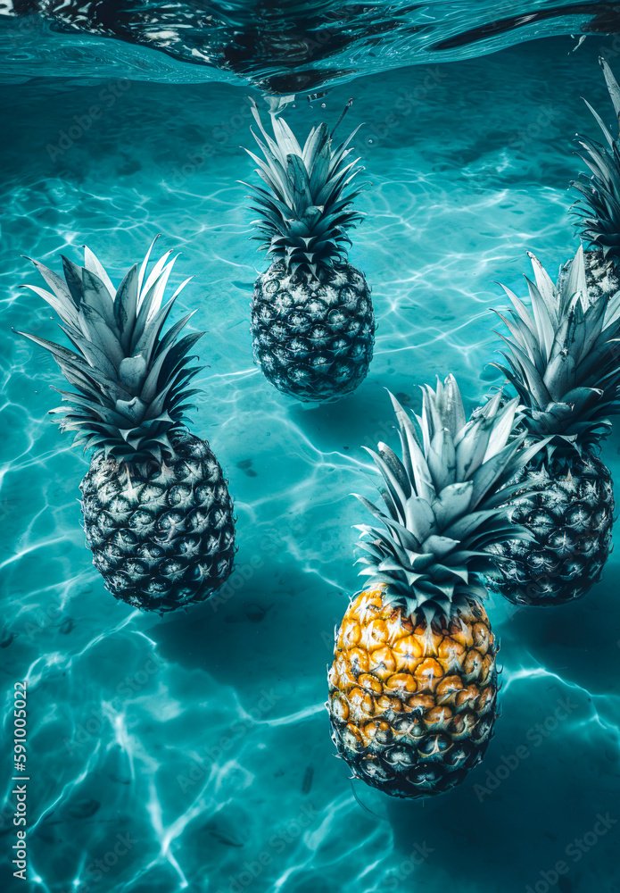 Tropical summer exotic background, bright summer colors, underwater pool background. Delicious pineapple, fruit as a real healthy refreshment. Illustration, Generative AI. Tropical summer exotic background, bright summer colors, underwater pool background. Delicious pineapple, fruit as a real healthy refreshment. Illustration, Generative AI.