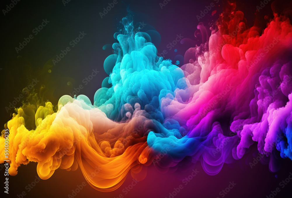 Bubbles of multicolored neon smoke, ink. An explosion, a burst of holi paint. Abstract psychedelic black dark background. 3D rendering. AI generated. Bubbles of multicolored neon smoke, ink. An explosion, a burst of holi paint. Abstract psychedelic black dark background. 3D rendering. AI generated.