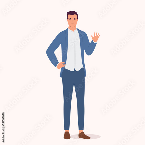 One Angry Businessman With Stop Hand Gesture. Full Length. Flat Design Style, Character, Cartoon.
