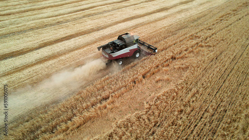 Drone aerial footage of harvesters gathering grain crops from agricultural fields