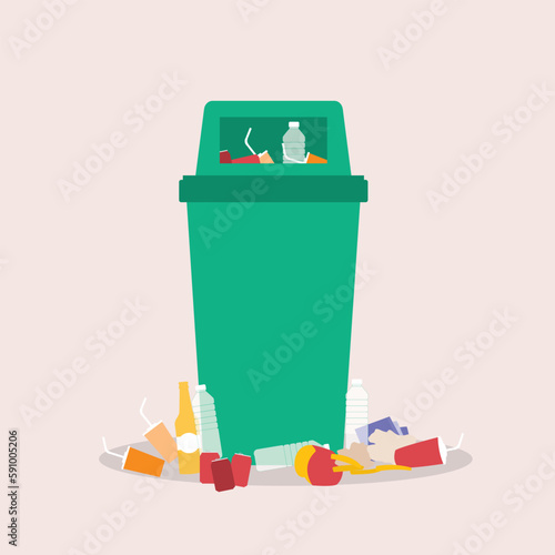 Green Color Garbage Bin Filled With Overflowing Rubbish And Littering All Over The Place.