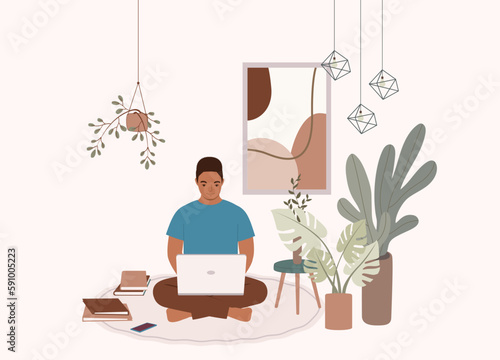 One Smiling Black Man In Cross Legged Siting On Floor Working On Laptop At Home. Full Length. Flat Design Style, Character, Cartoon.