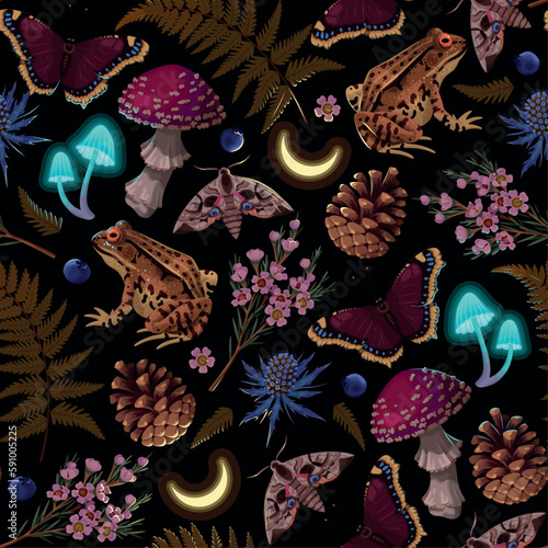 Magical forest flora and fauna vector pattern