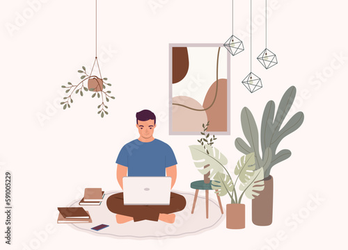 One Smiling Man In Cross Legged Siting On Floor Working On Laptop At Home. Full Length. Flat Design Style, Character, Cartoon.