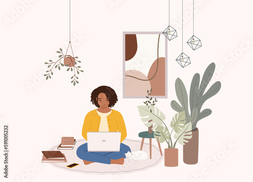 One Smiling Black Woman In Cross Legged Siting On Floor Working On Laptop At Home. Full Length. Flat Design Style, Character, Cartoon.