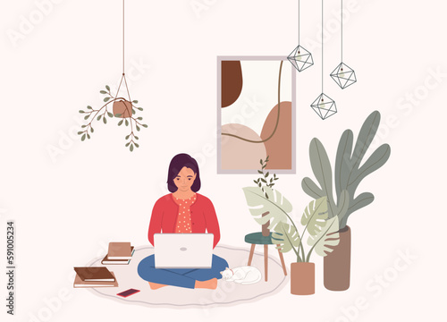 One Smiling Woman In Cross Legged Siting On Floor Working On Laptop At Home. Full Length. Flat Design Style, Character, Cartoon.