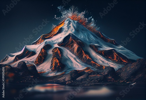 Sleeping volcano. Snow-covered volcanic mountain. Imitation of oil painting. AI-generated. Generative AI