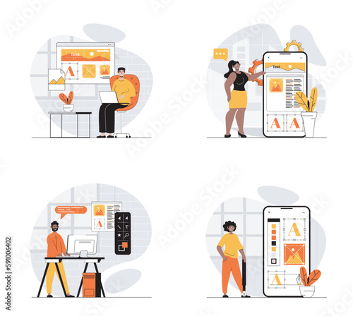 App development concept with character set. Collection of scenes people programming mobile software, interface layouts for application, making digital projects. Vector illustrations in flat web design