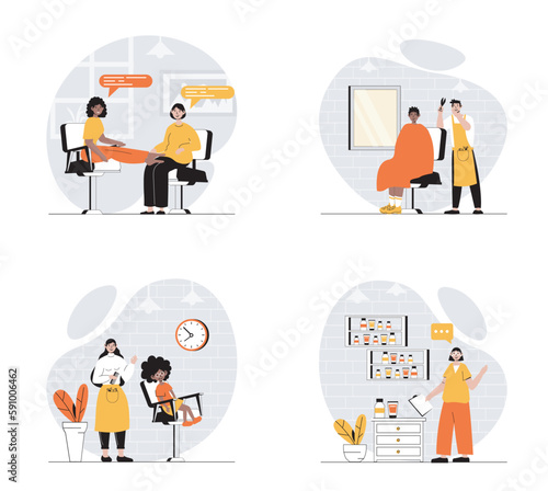 Beauty salon concept with character set. Collection of scenes people in barbershop, get haircut and hair styling, pedicure or skincare, beautician consultation. Vector illustrations in flat web design