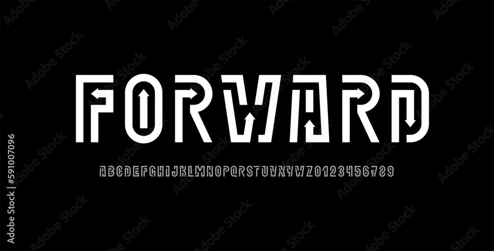 Digital font arrows alphabet from segment line, lines technology style letters and numbers, vector illustration 10EPS