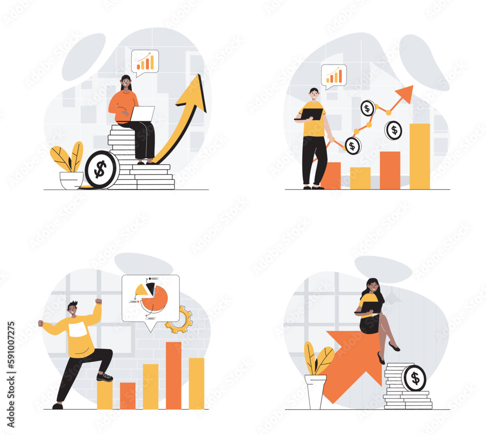 Sale performance concept with character set. Collection of scenes people analyze financial statistics graph, increase purchases number, earning more profit. Vector illustrations in flat web design Sale performance concept with character set. Collection of scenes people analyze financial statistics graph, increase purchases number, earning more profit. Vector illustrations in flat web design