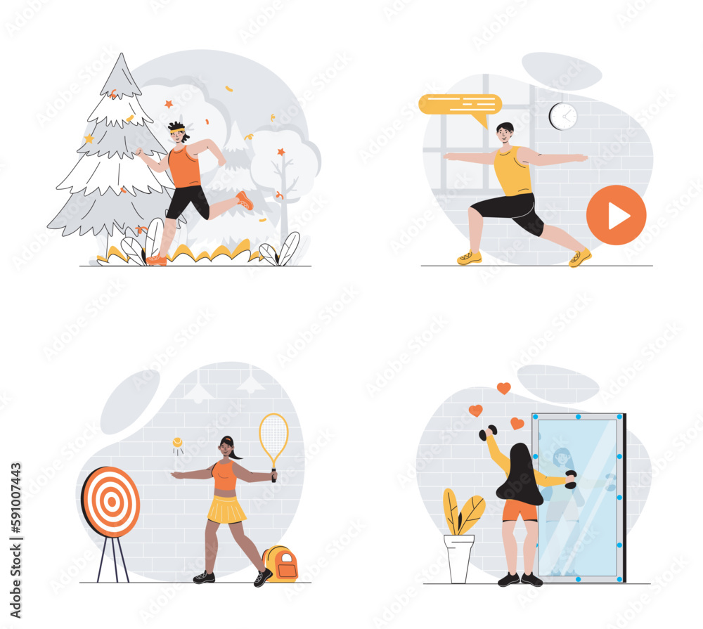 Sport training concept with character set. Collection of scenes people doing yoga practice, running in park, playing tennis and exercising with dumbbells. Vector illustrations in flat web design Sport training concept with character set. Collection of scenes people doing yoga practice, running in park, playing tennis and exercising with dumbbells. Vector illustrations in flat web design