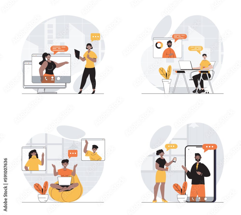 Video conference concept with character set. Collection of scenes people talking via video call, discussing work tasks, colleague connecting online by apps. Vector illustrations in flat web design Video conference concept with character set. Collection of scenes people talking via video call, discussing work tasks, colleague connecting online by apps. Vector illustrations in flat web design