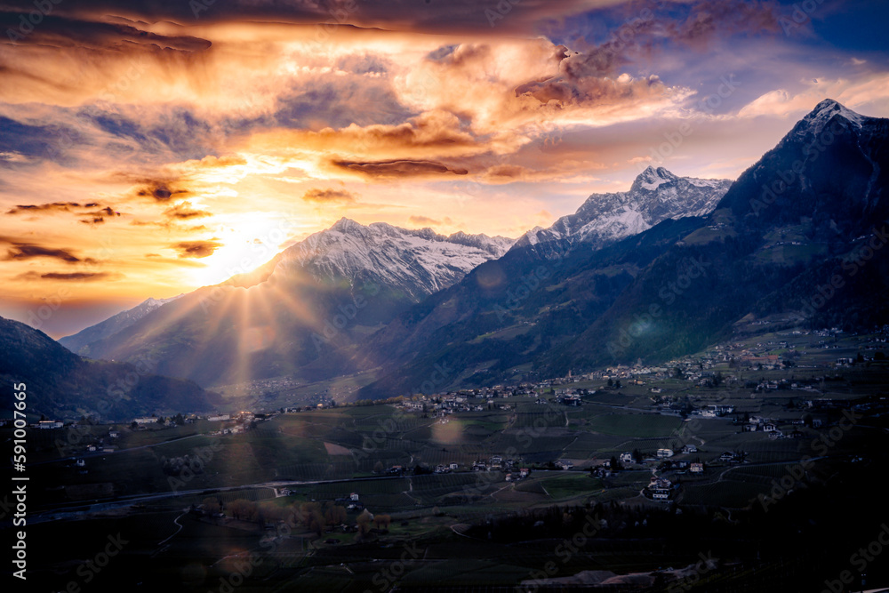 Sunset over snow-covered alps in South Tyrol