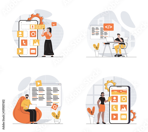 UI UX development concept with character set. Collection of scenes people creating user interface layouts, working with programming code and making mobile app. Vector illustrations in flat web design