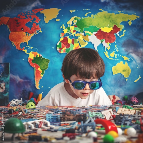 A  boy with autism surrounded by colorful puzzles in absract world, Generative AI