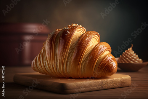 Delicious French pastry croissant highly detailed food sitting on wood counter with Generative AI technology