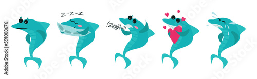 Humanized Shark Showing Different Emotion Vector Set