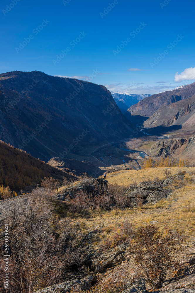 View of Chulyshman valley in Altay mountains in the autumn View of Chulyshman valley in Altay mountains in the autumn