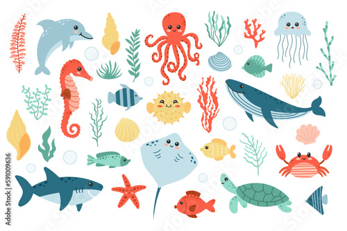 Set with cute sea life elements. Cartoon vector illustration.