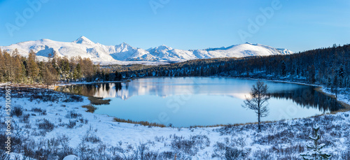 View of Kidelyu lake on Ulagan Highlands in Altay mountains