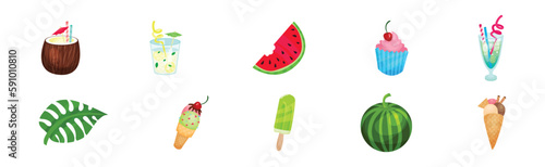 Tropical Objects and Element with Cocktail, Monstera Leaf, Ice Cream and Watermelon Vector Set