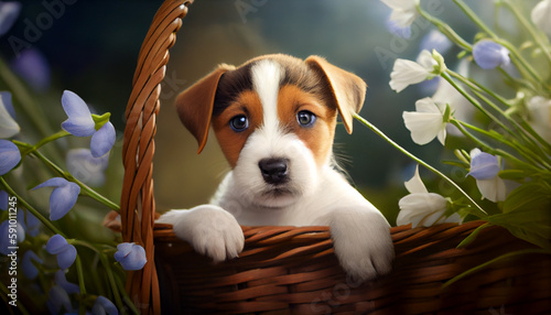 Generative AI, Puppy Love: A Cute Pup Poses in a Basket Amidst a Floral Paradise