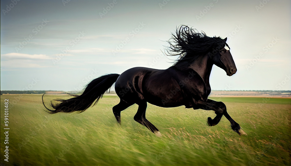 Fototapeta premium Generative AI, Wild and Free: A Majestic Horse Gallops Through a Grassy Meadow