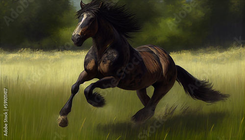 Generative AI  Wild and Free  A Majestic Horse Gallops Through a Grassy Meadow