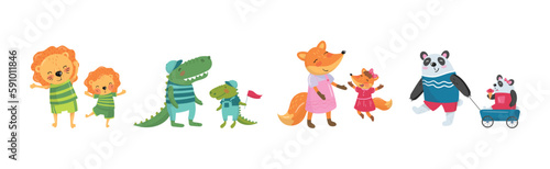 Cartoon Animal Parent with Baby or Cub Vector Set