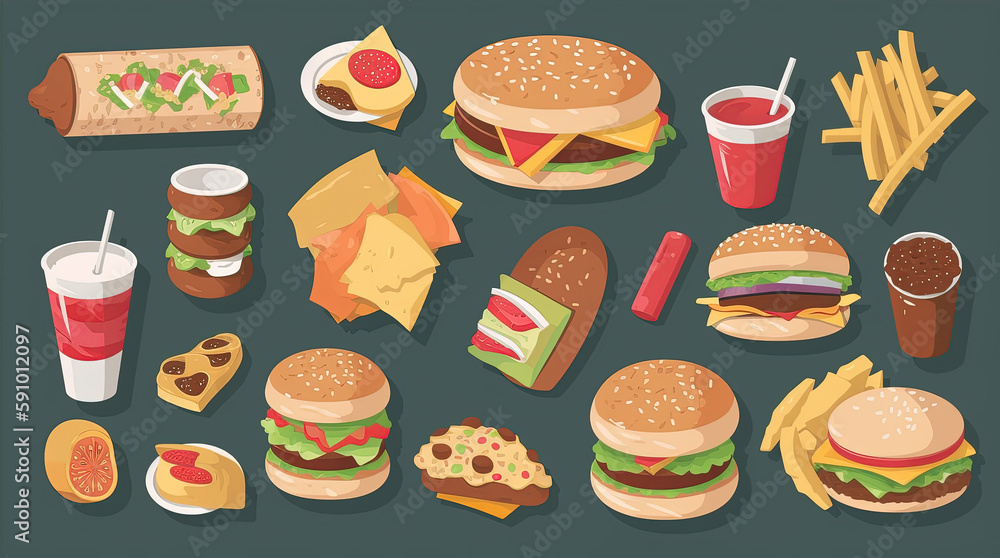 Fast food set in flat style. Pizza, burger, burrito, hot dog, soda, donut, cookie, french fries, fried chicken amd soft drink. Unhealthy food vector icons. Generative AI Fast food set in flat style. Pizza, burger, burrito, hot dog, soda, donut, cookie, french fries, fried chicken amd soft drink. Unhealthy food vector icons. Generative AI