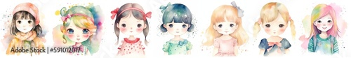 watercolor style illustration set of lovely young girls spring collection portrait, Generative Ai