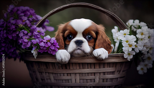 Generative AI, Puppy Love: A Cute Pup Poses in a Basket Amidst a Floral Paradise © icehawk33