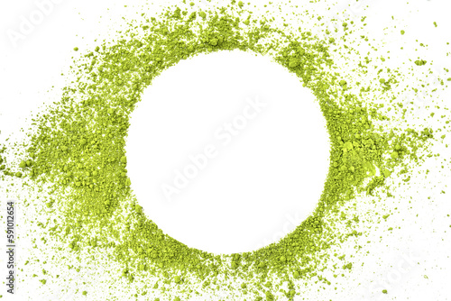 powdered matcha green tea, isolated on white. copy space. top view. Heap of matcha green tea powder on white background, view from above.