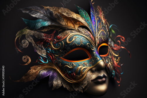 Realistic luxury multicolored carnival mask with feathers, Generative AI