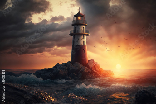 Lighthouse in the sunset time, Generative AI