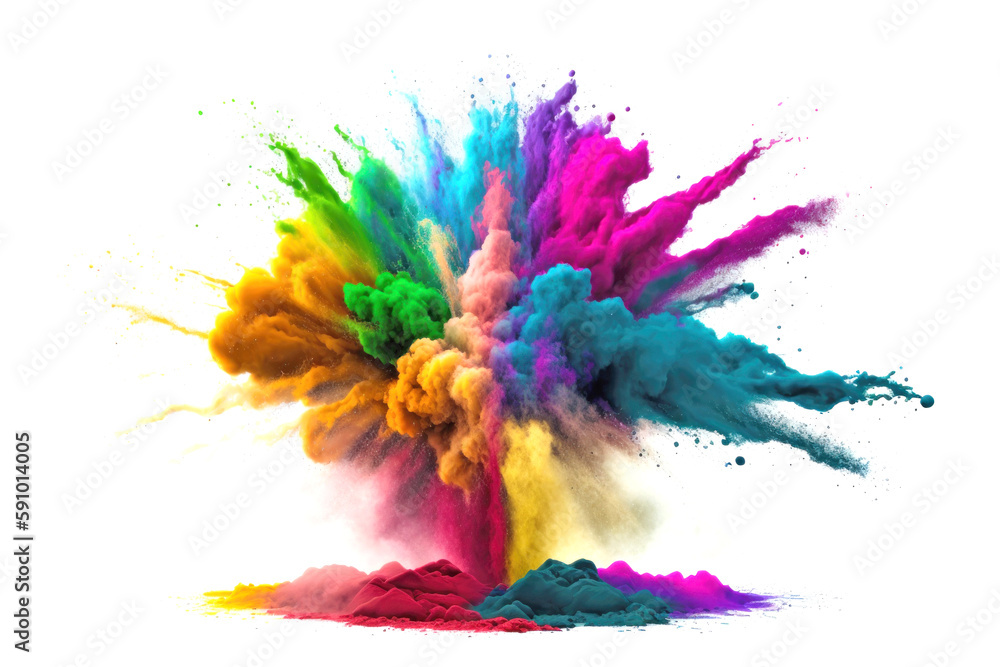 Multicolored explosion of rainbow holi powder paint isolated on white background, AI Generative